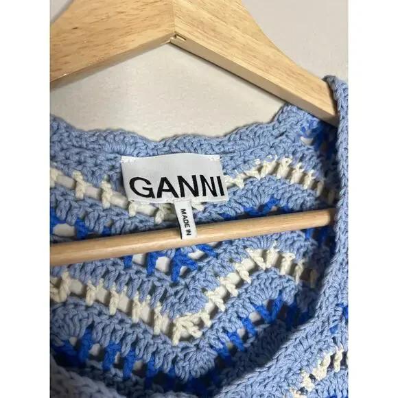 NEW Ganni Cotton Crochet Light Blue and White Short Sleeve Mini Dress Sz: Medium
